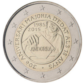 Image of 2 euro coin - 30th anniversary of the Coming of Age and Political Rights to the Men and Women turning 18 years old  | Andorra 2015