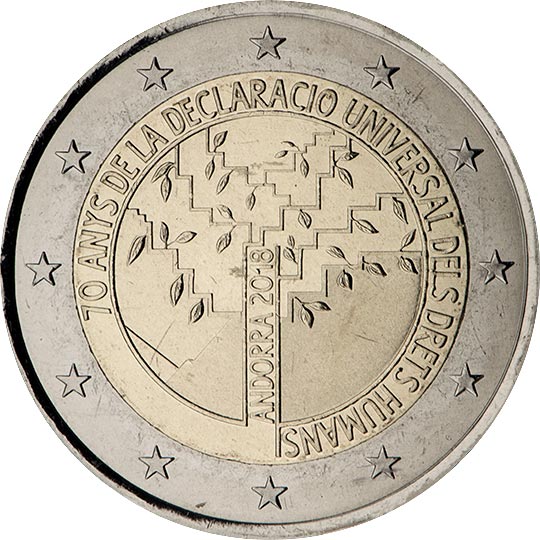 Image of 2 euro coin - 70 years of the Universal Declaration of Human Rights | Andorra 2018