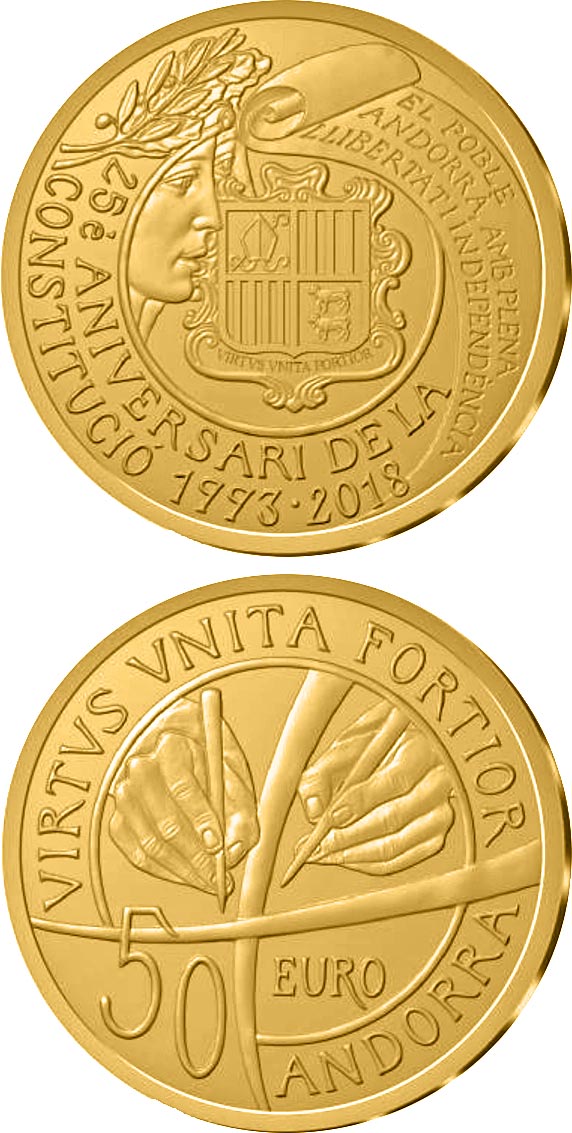 Image of 50 euro coin - 25th anniversary of the Constitution of Andorra | Andorra 2018.  The Gold coin is of Proof quality.
