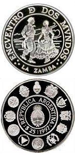 Image of 25 pesos coin - Typical Ibero-American dances and costumes – Zamba  | Argentina 1997.  The Silver coin is of Proof quality.