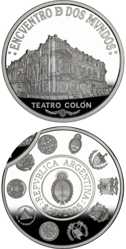 Image of 25 pesos coin - Architecture and monuments - The Colón Theater Building | Argentina 2005.  The Silver coin is of Proof quality.