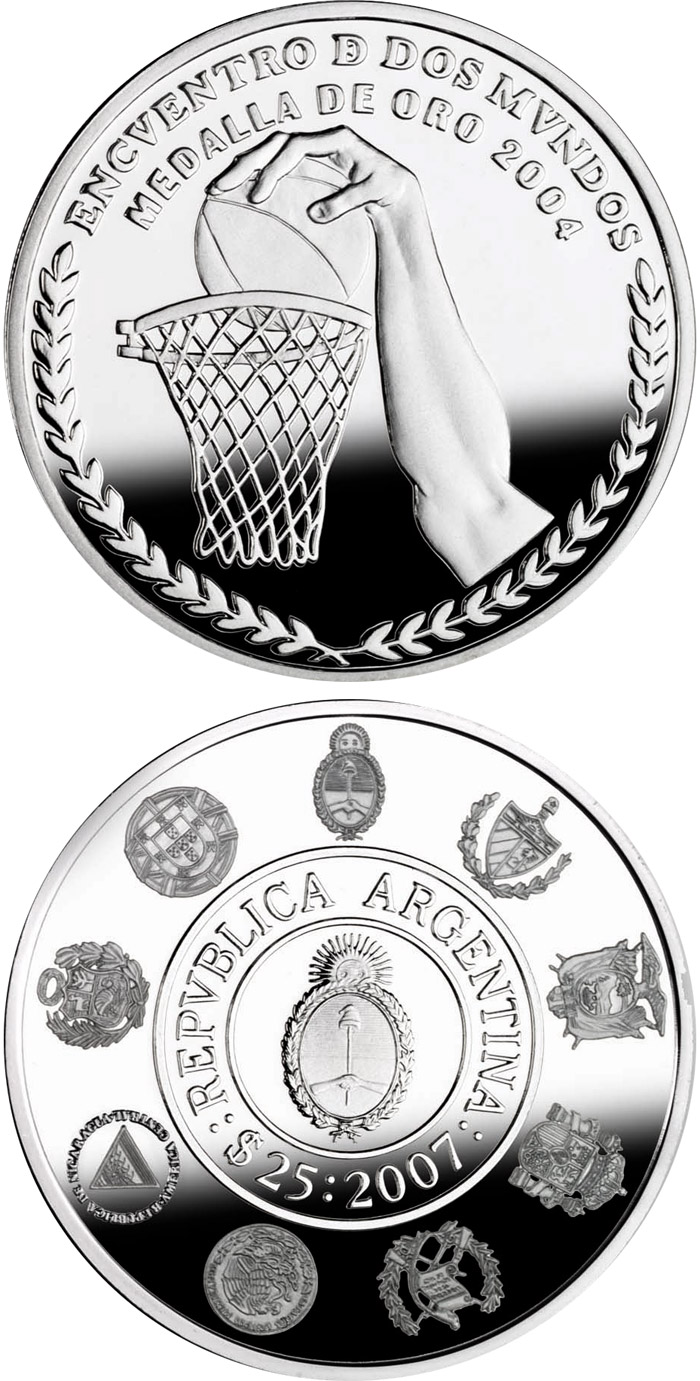 Image of 25 pesos coin - The Olympic Games - Basketball (Golden Medal 2004)  | Argentina 2007.  The Silver coin is of Proof quality.
