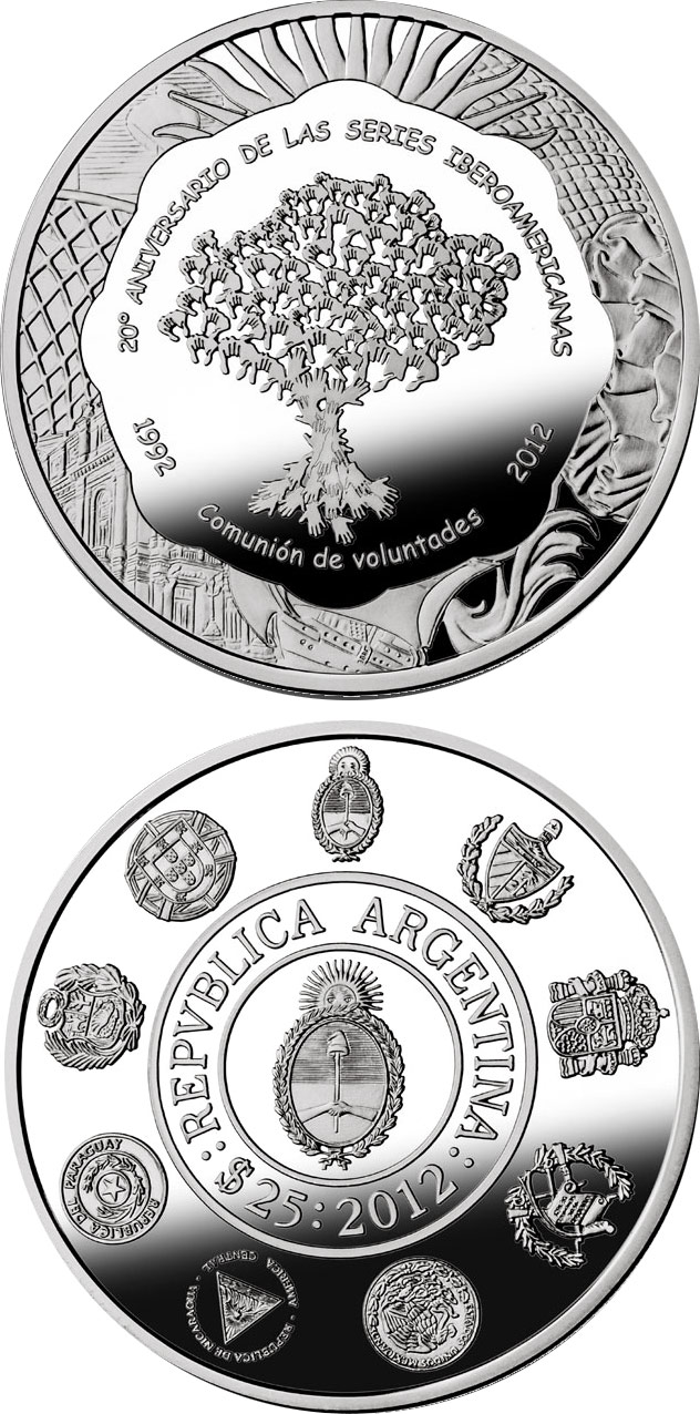 Image of 25 pesos coin - 20th Anniversary of the Ibero-American Series | Argentina 2012.  The Silver coin is of Proof quality.