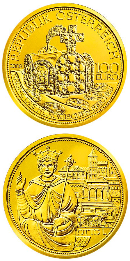 Image of 100 euro coin - The Crown of the Holy Roman Empire  | Austria 2008.  The Gold coin is of Proof quality.