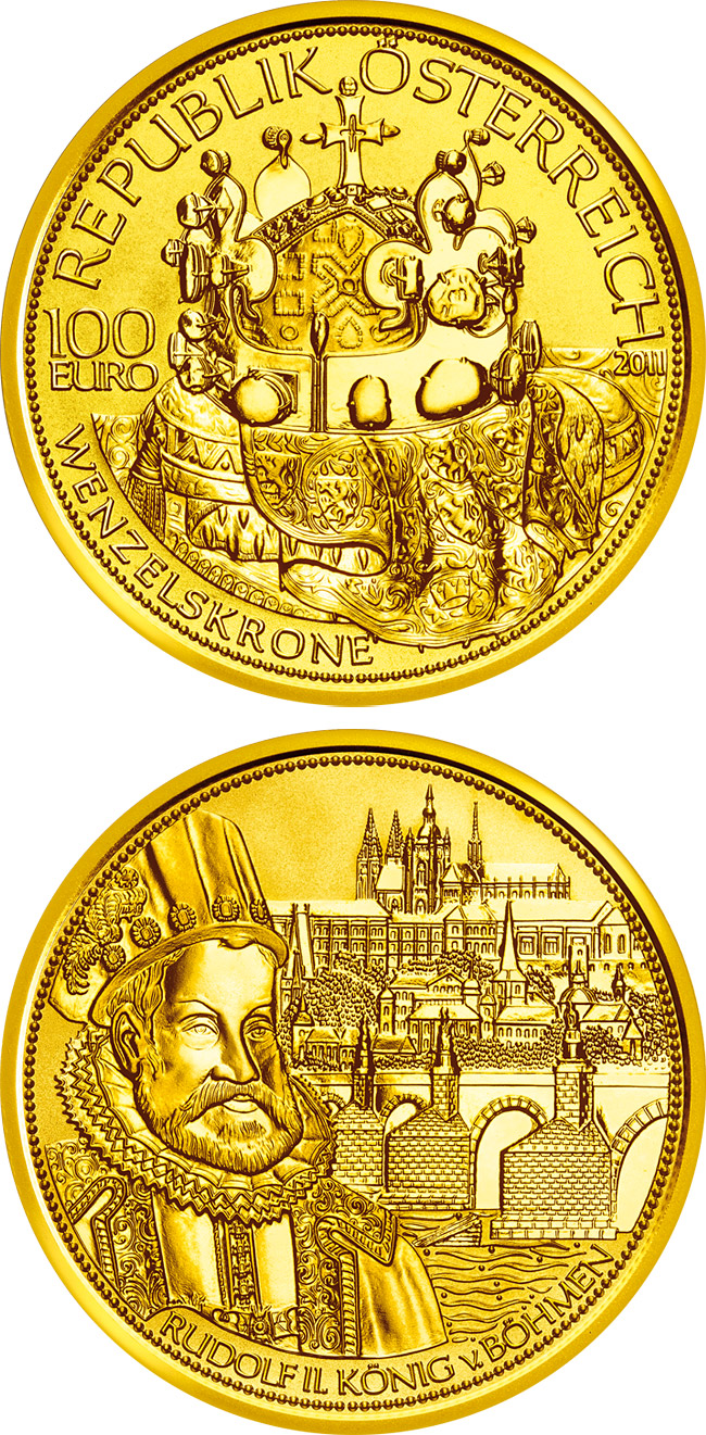 Image of 100 euro coin - The crown of Bohemia  | Austria 2011.  The Gold coin is of Proof quality.