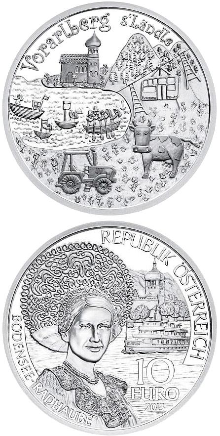 Image of 10 euro coin - Vorarlberg | Austria 2013.  The Silver coin is of Proof quality.