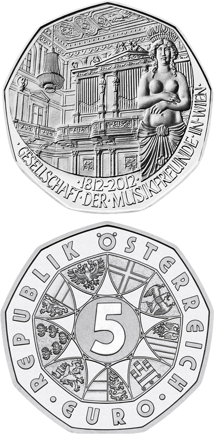 Image of 5 euro coin - 200 Years Society of Music Lovers in Vienna | Austria 2012.  The Silver coin is of BU, UNC quality.