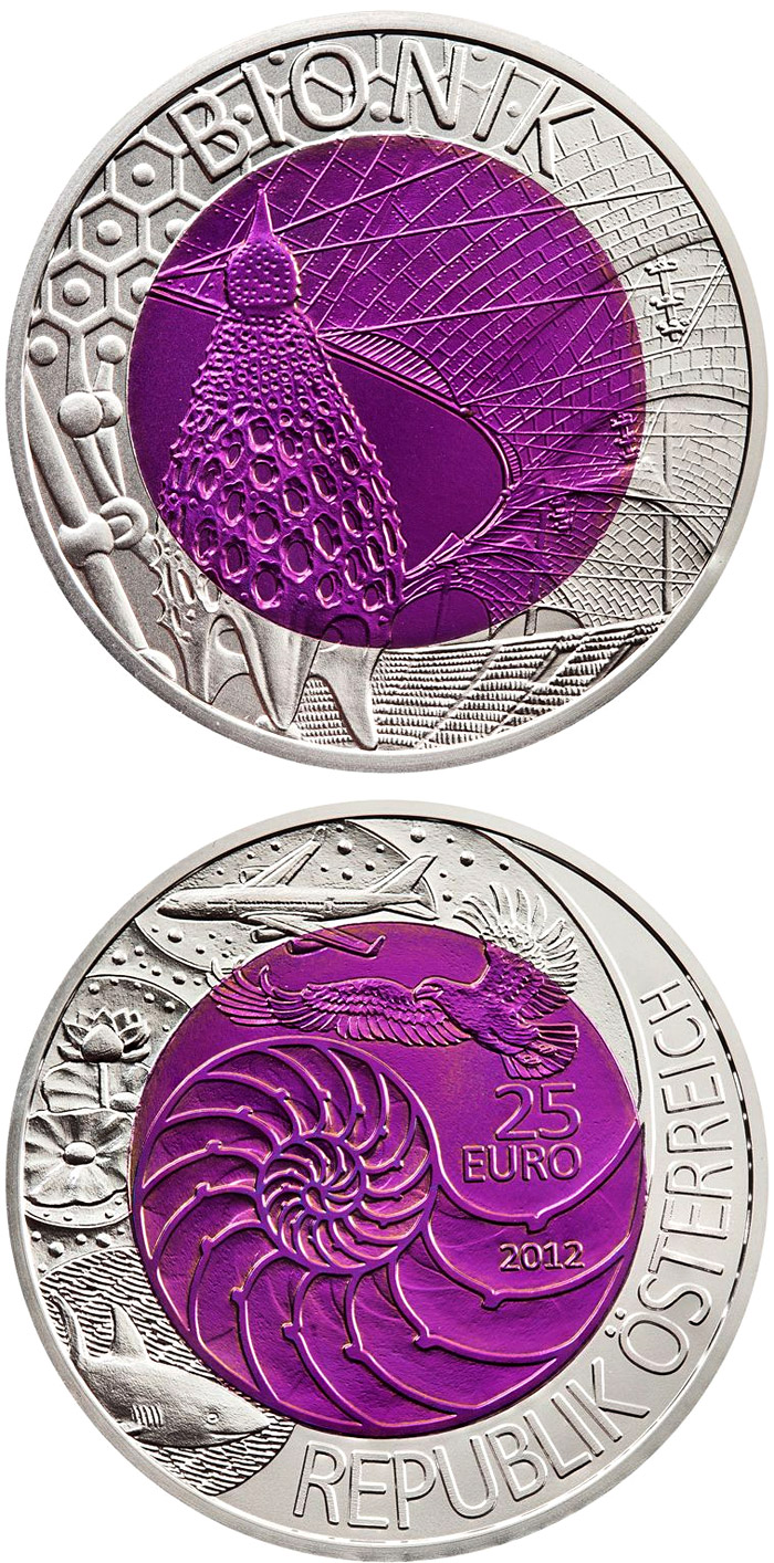 Image of 25 euro coin - Bionics | Austria 2012.  The Bimetal: silver, niobium coin is of BU quality.