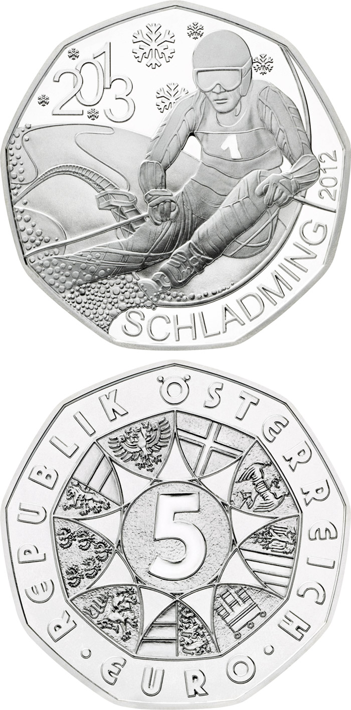Image of 5 euro coin - Schladming 2013 | Austria 2012.  The Silver coin is of BU, UNC quality.