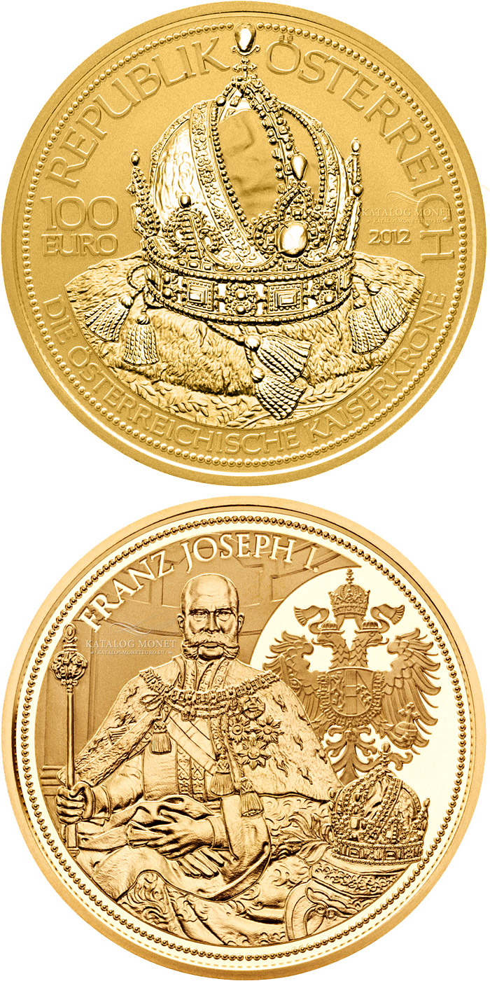 Image of 100 euro coin - The Crown of the Austrian Empire  | Austria 2012.  The Gold coin is of Proof quality.