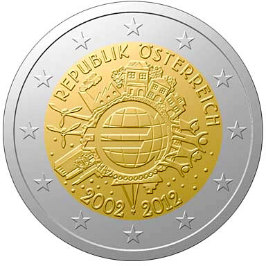 Image of 2 euro coin - Ten years of Euro  | Austria 2012