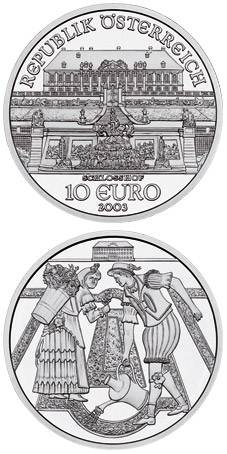 Image of 10 euro coin - The Castle of Schlosshof | Austria 2003.  The Silver coin is of Proof, BU, UNC quality.