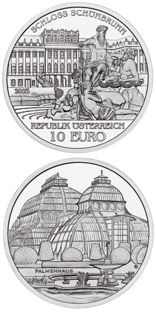 Image of 10 euro coin - The Palace of Schoenbrunn | Austria 2003.  The Silver coin is of Proof, BU, UNC quality.