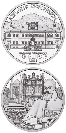Image of 10 euro coin - The Castle of Hellbrunn | Austria 2004.  The Silver coin is of Proof, BU, UNC quality.