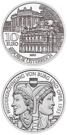 Image of 10 euro coin - Re-opening of Burgtheater and Opera 1955 | Austria 2005