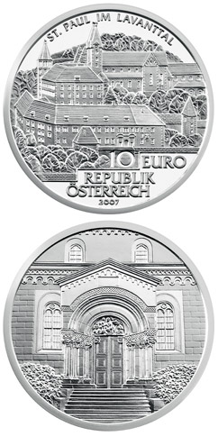 Image of 10 euro coin - St. Paul im Lavanttal | Austria 2007.  The Silver coin is of Proof, BU, UNC quality.