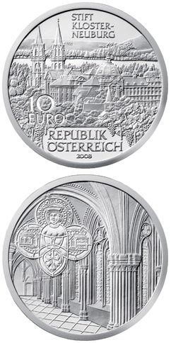 Image of 10 euro coin - Klosterneuburg | Austria 2008.  The Silver coin is of Proof, BU, UNC quality.