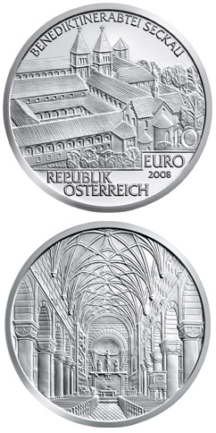 Image of 10 euro coin - Seckau Abbey | Austria 2008.  The Silver coin is of Proof, BU, UNC quality.