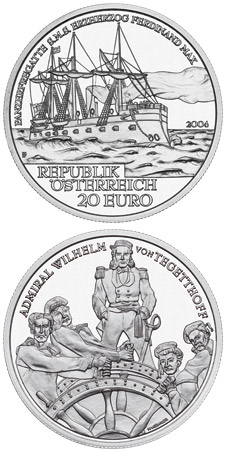 Image of 20 euro coin - S.M.S. Erzherzog Ferdinand Max | Austria 2004.  The Silver coin is of Proof quality.