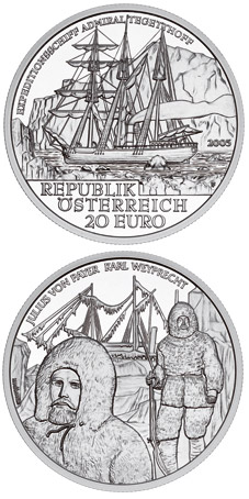 Image of 20 euro coin - Admiral Tegetthoff-The Polar Expedition | Austria 2005.  The Silver coin is of Proof quality.