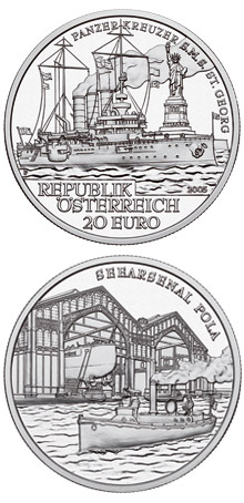 Image of 20 euro coin - S.M.S. Sankt Georg | Austria 2005.  The Silver coin is of Proof quality.