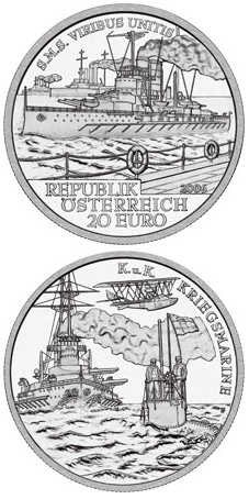 Image of 20 euro coin - S.M.S. Viribus Unitis | Austria 2006.  The Silver coin is of Proof quality.