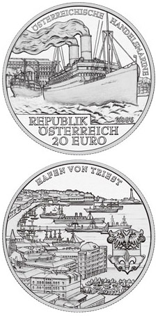 Image of 20 euro coin - The Austrian Merchant Navy | Austria 2006.  The Silver coin is of Proof quality.