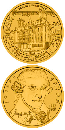 Image of 50 euro coin - Joseph Haydn | Austria 2004.  The Gold coin is of Proof quality.