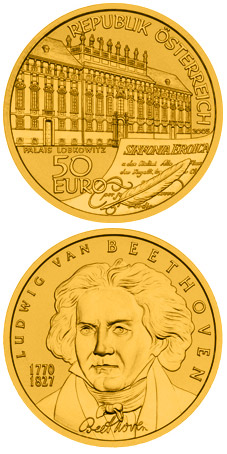 Image of 50 euro coin - Ludwig van Beethoven | Austria 2005.  The Gold coin is of Proof quality.