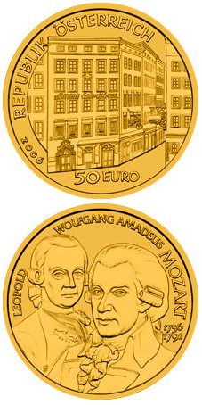 Image of 50 euro coin - Wolfgang Amadeus Mozart | Austria 2006.  The Gold coin is of Proof quality.