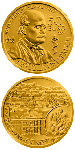 Image of 50 euro coin - Ignaz Philipp Semmelweis | Austria 2008.  The Gold coin is of Proof quality.