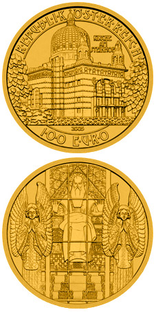 Image of 100 euro coin - Steinhof Church | Austria 2005.  The Gold coin is of Proof quality.