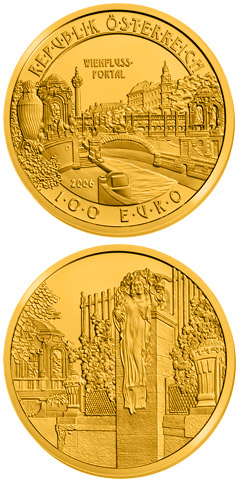 Image of 100 euro coin - River Wien Gate | Austria 2006.  The Gold coin is of Proof quality.