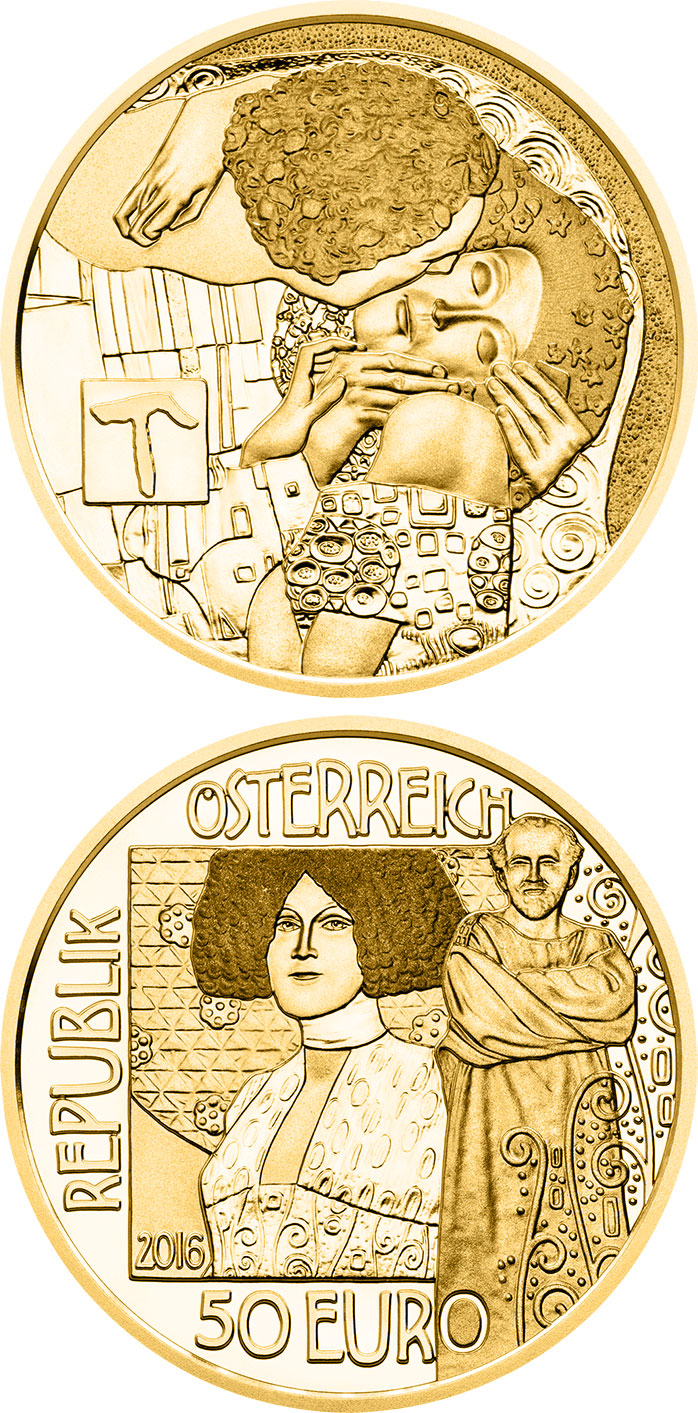 Image of 50 euro coin - The Kiss | Austria 2016.  The Gold coin is of Proof quality.