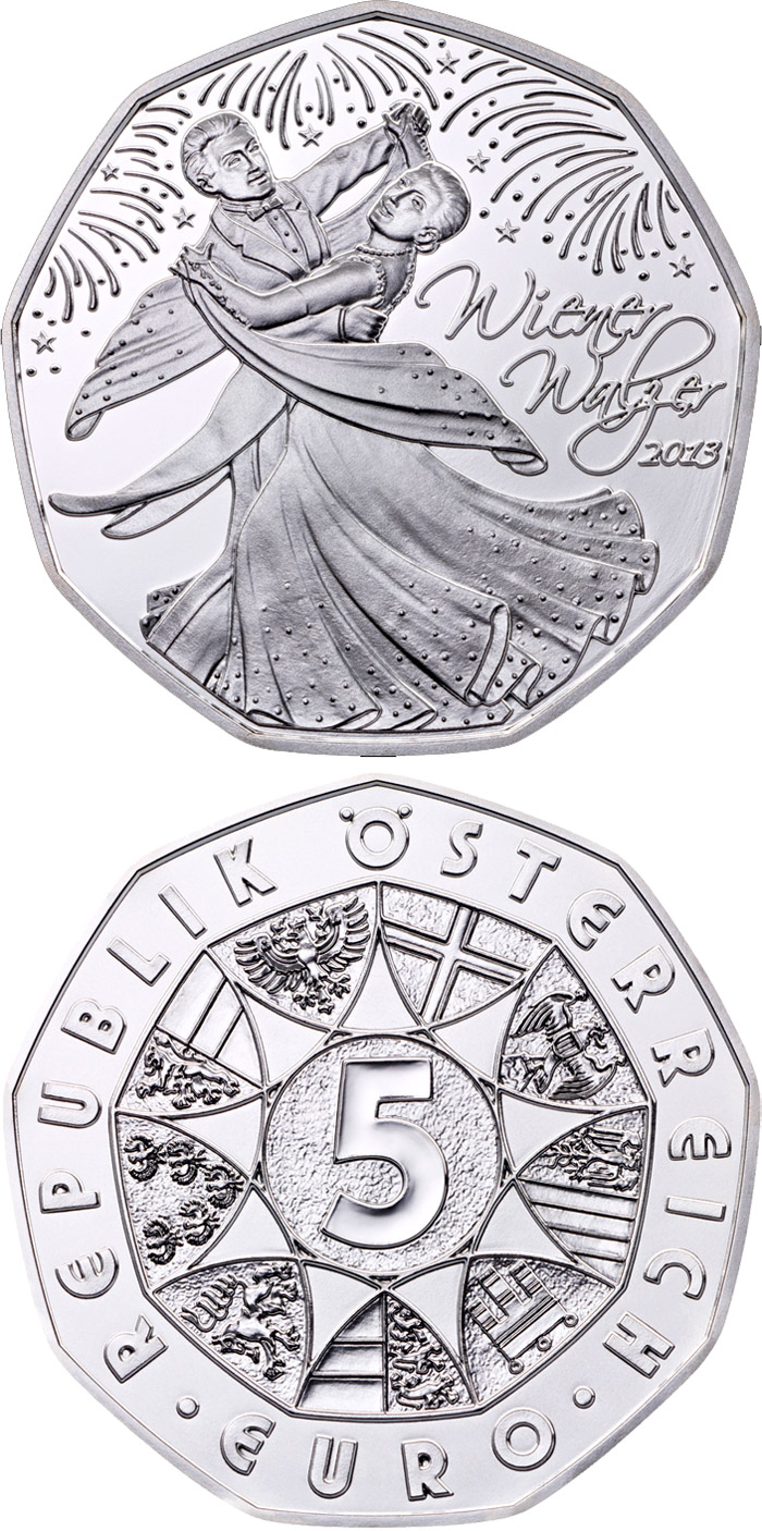 Image of 5 euro coin - Vienese Waltz | Austria 2013.  The Silver coin is of BU, UNC quality.