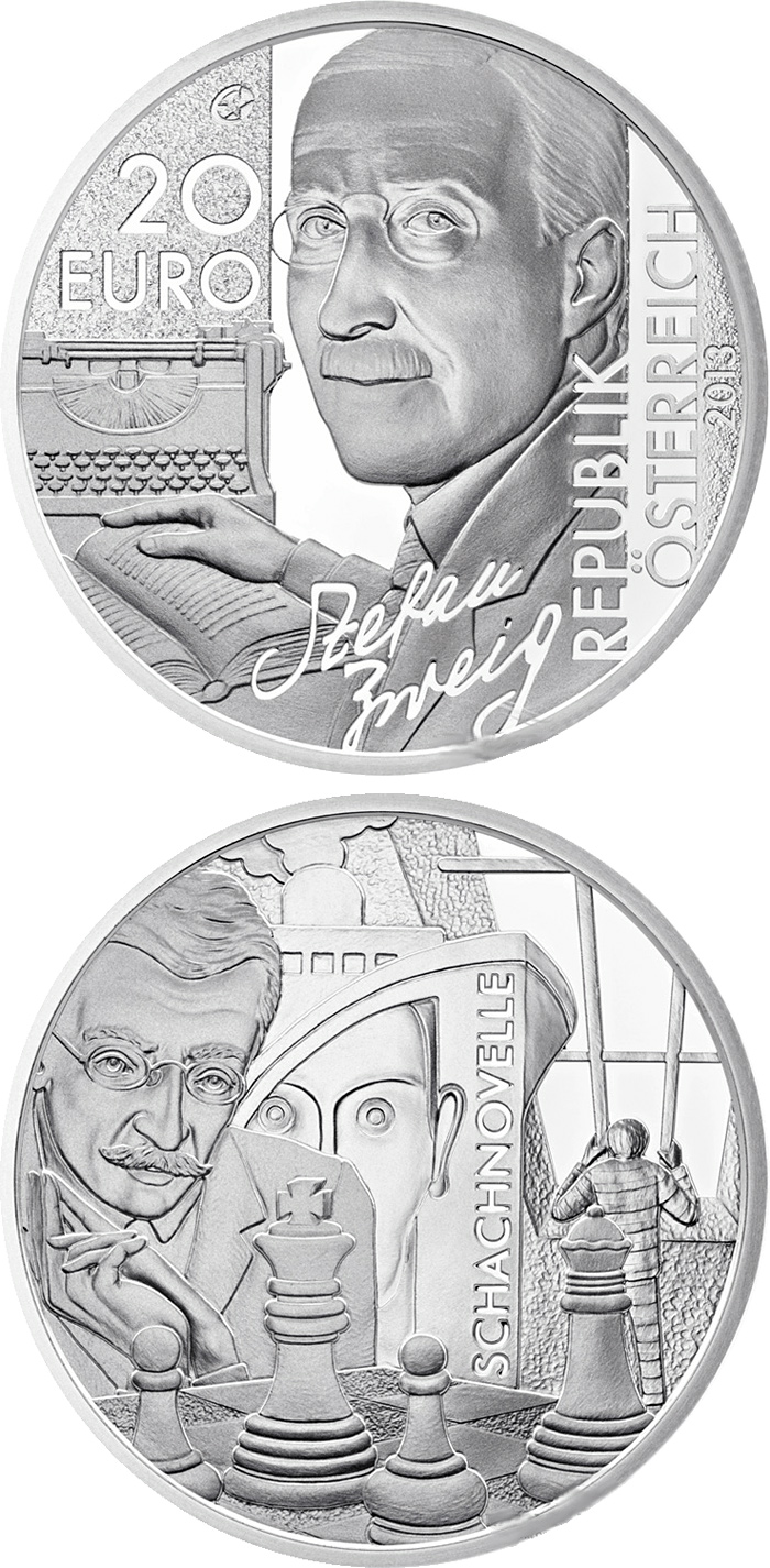 Image of 20 euro coin - Stefan Zweig | Austria 2013.  The Silver coin is of Proof quality.