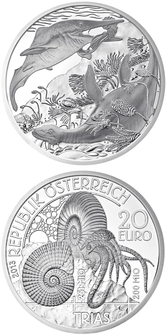 Image of 20 euro coin - Trias - Life in the water | Austria 2013.  The Silver coin is of Proof quality.