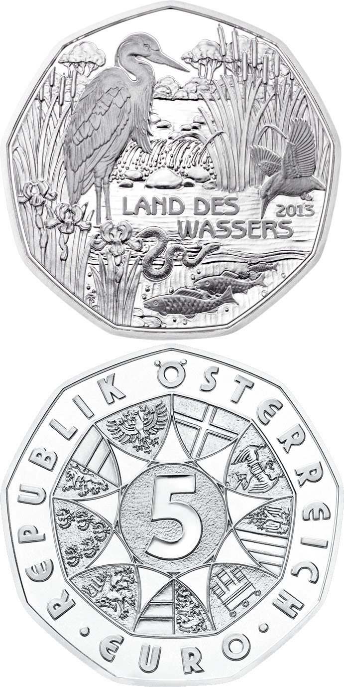 Image of 5 euro coin - Land of Water | Austria 2013.  The Silver coin is of BU, UNC quality.