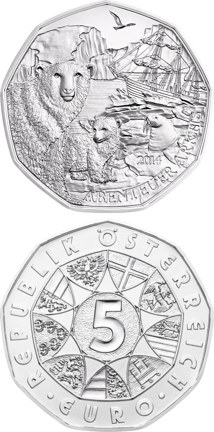 Image of 5 euro coin - Arctic Adventure | Austria 2014.  The Silver coin is of BU, UNC quality.
