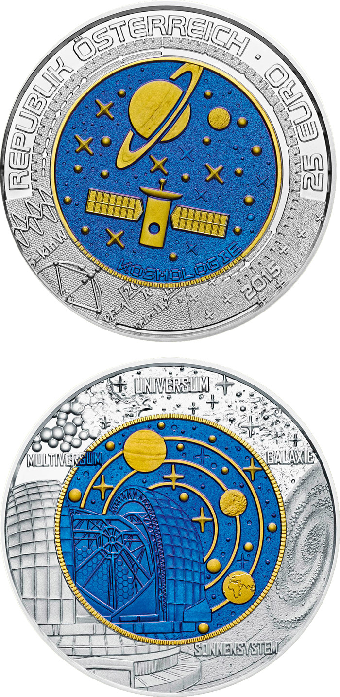 Image of 25 euro coin - Cosmology | Austria 2015.  The Bimetal: silver, niobium coin is of BU quality.