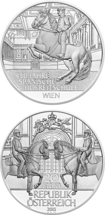 Image of 20 euro coin - 450th Anniversary of the Spanish Riding School | Austria 2015.  The Silver coin is of Proof quality.