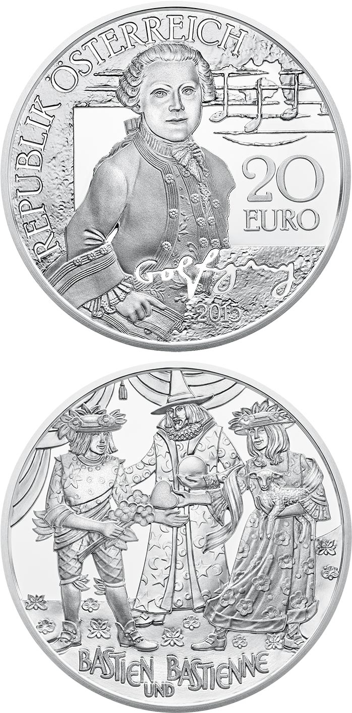 Image of 20 euro coin - Mozart - The Wunderkind | Austria 2015.  The Silver coin is of Proof quality.