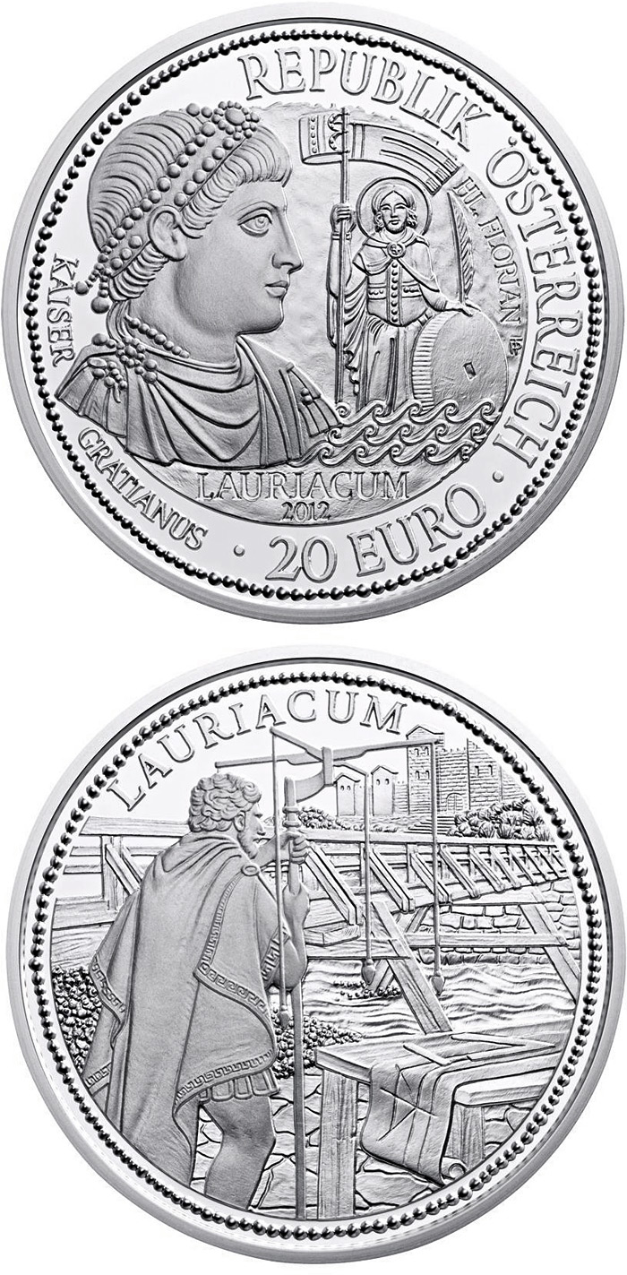 Image of 20 euro coin - Lauriacum and the Limes | Austria 2012.  The Silver coin is of Proof quality.