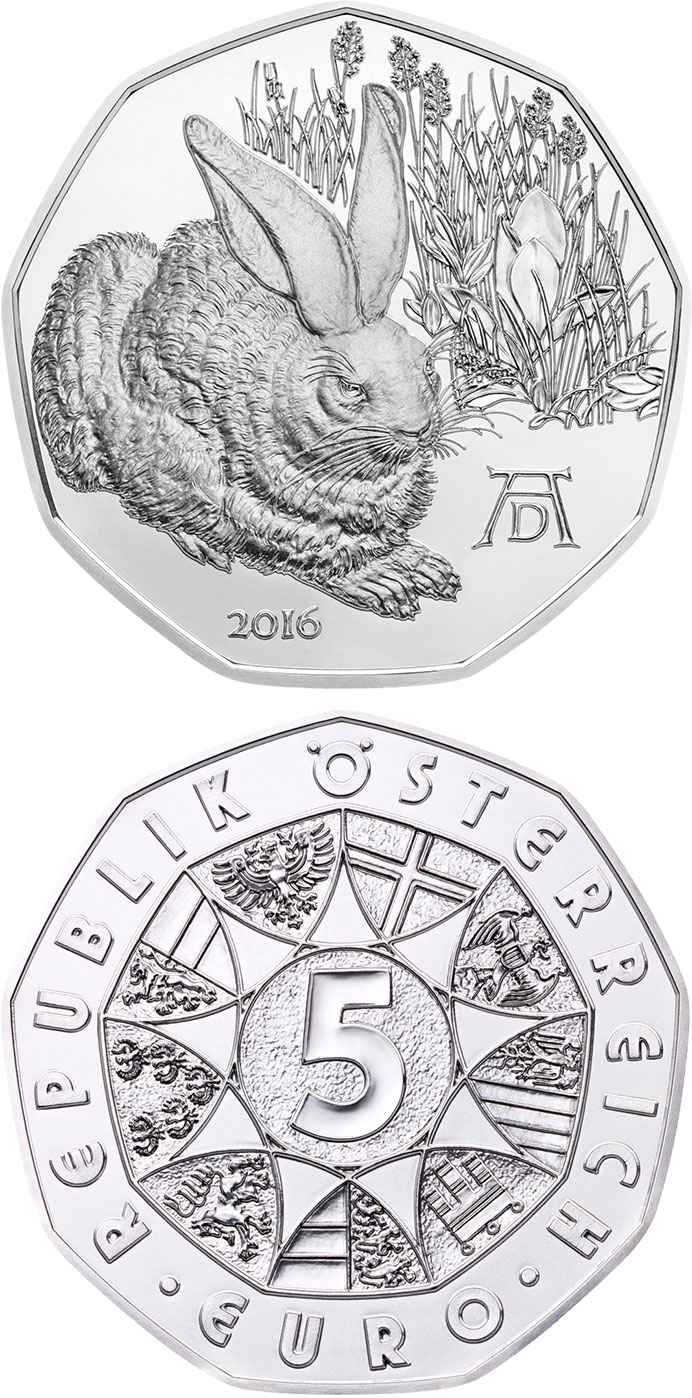 Image of 5 euro coin - Dürer`s Young Hare | Austria 2016.  The Silver coin is of BU, UNC quality.