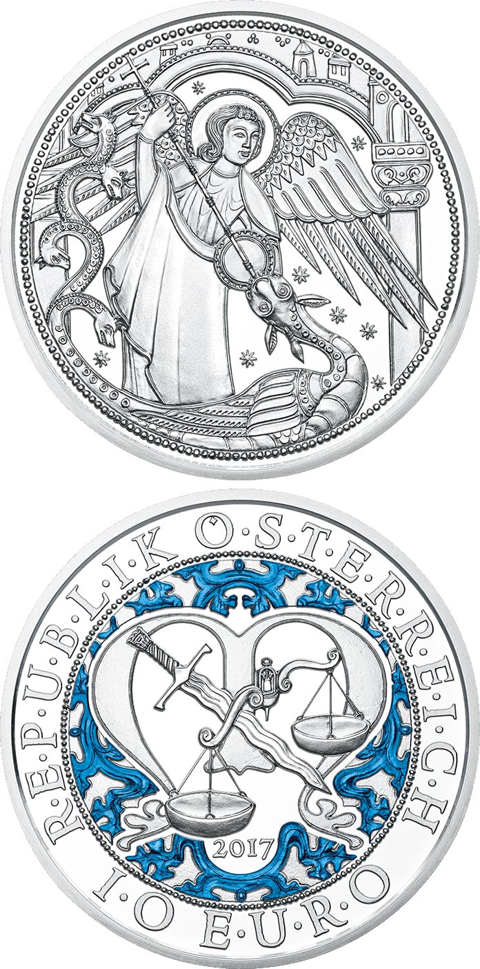 Image of 10 euro coin - Michael – The Protecting Angel | Austria 2017.  The Silver coin is of Proof, BU, UNC quality.