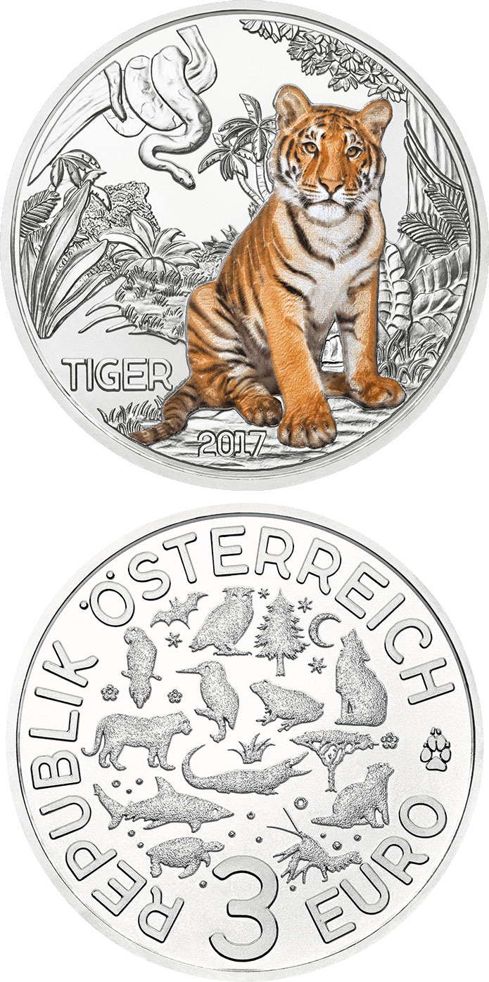 Image of 3 euro coin - The Tiger | Austria 2017.  The Copper coin is of UNC quality.