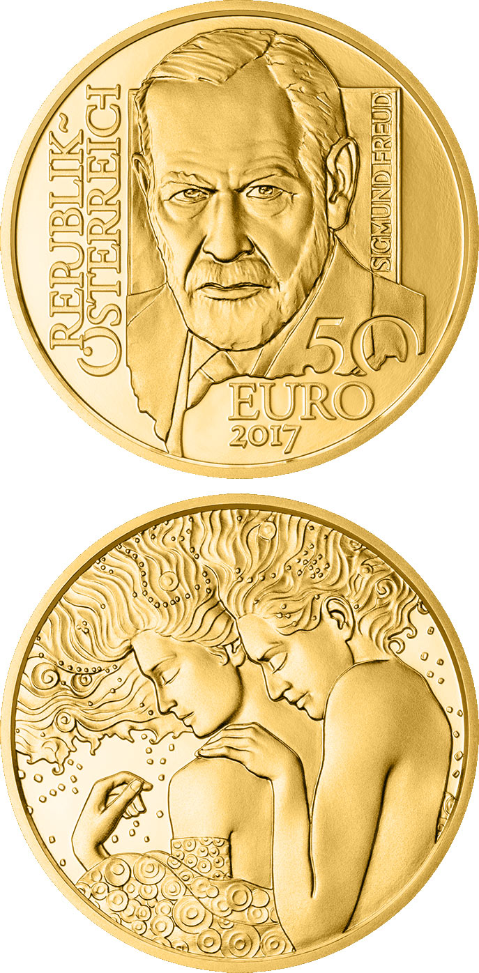 Image of 50 euro coin - Sigmund Freud | Austria 2017.  The Gold coin is of Proof quality.