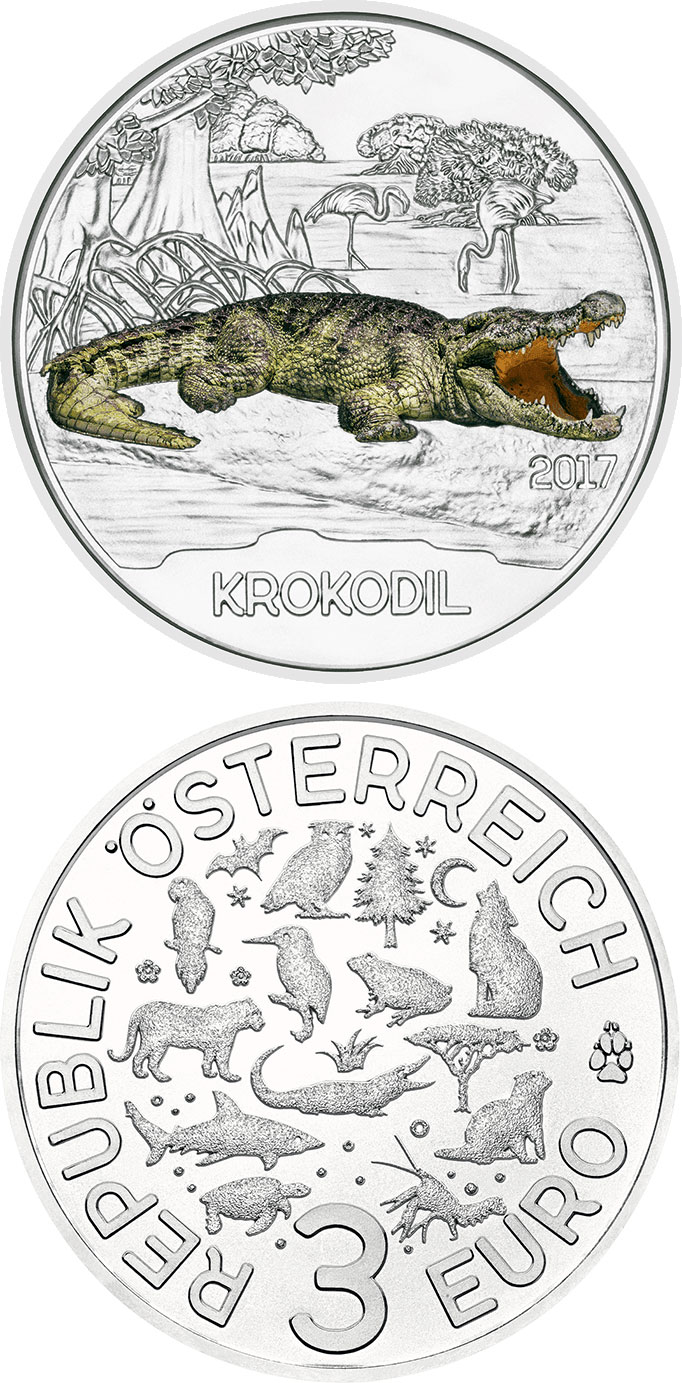 Image of 3 euro coin - The Crocodile | Austria 2017.  The Copper coin is of UNC quality.
