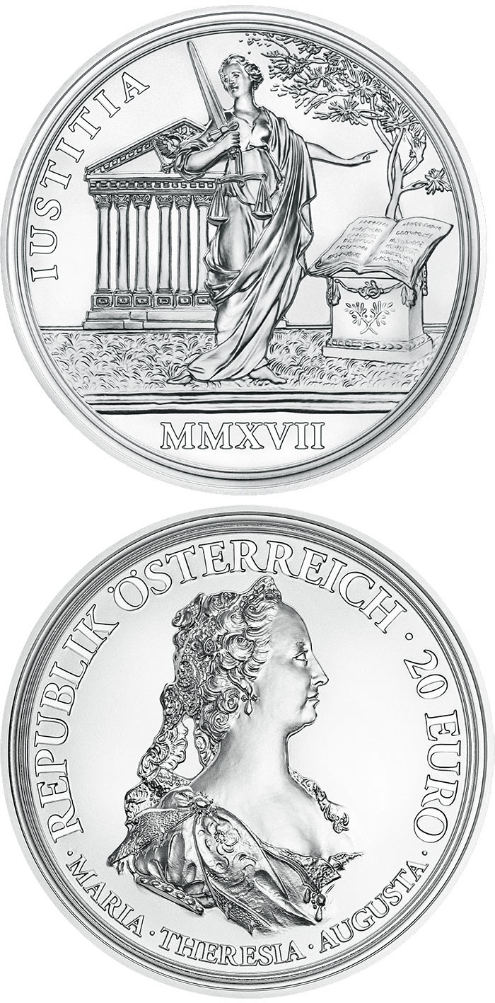 Image of 20 euro coin - Justice and Character | Austria 2017.  The Silver coin is of Proof quality.