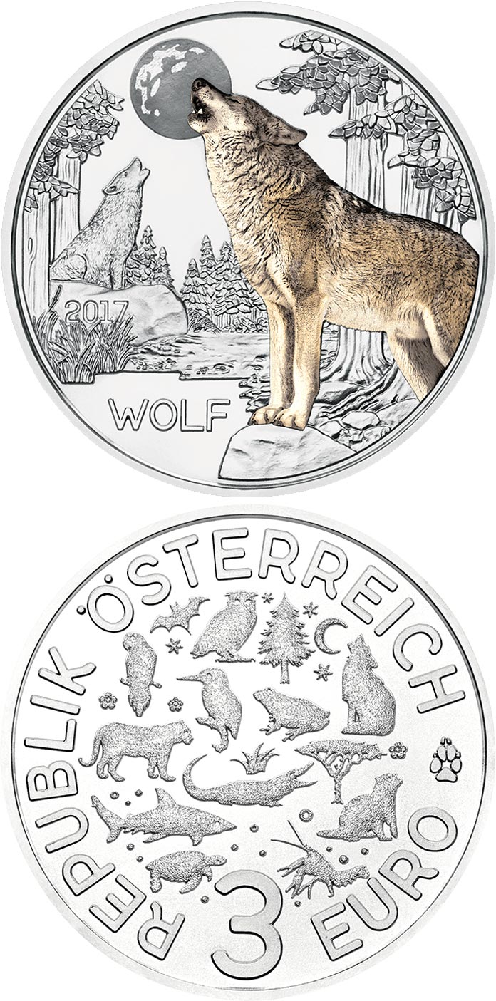 Image of 3 euro coin - The Wolf | Austria 2017.  The Copper coin is of UNC quality.